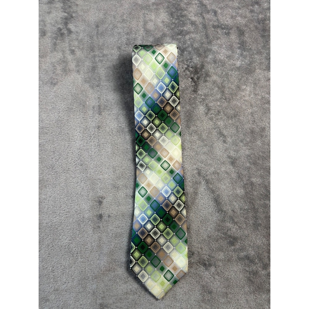 Van Heusen Mens Silk Blend Geometric Diamond Grid Necktie Green Blue Tan